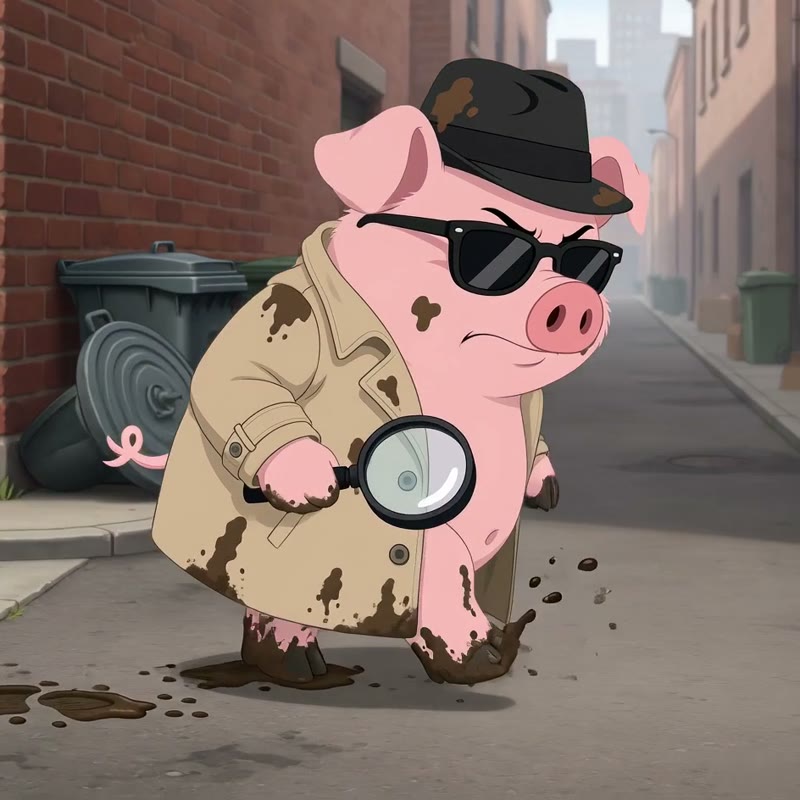 The Spy Pig in his trench coat, magnifying glass in hand, leaving muddy hoofprints down a city alley